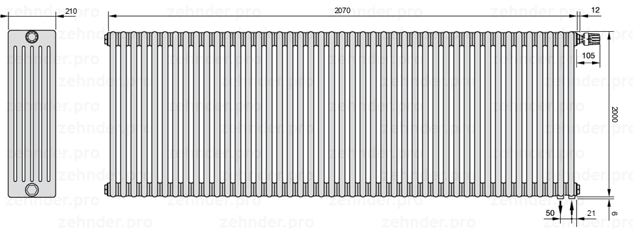 Схема (чертеж) Радиатор Zehnder Charleston 6200/45 №V002 Белый глянцевый RAL 9016